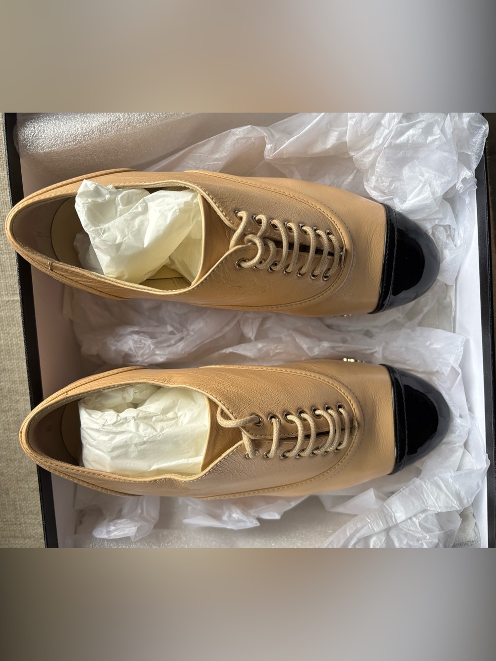 Chanel Beige-Black Patent And Leather Camellia Platform Sneakers - Picture 3 of 7